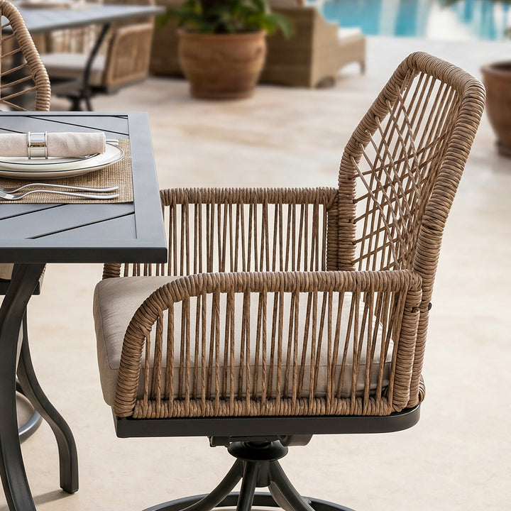 Outdoor 7PCS Dining Set, Twisted Rattan Swivel Chairs with Beige Cushions