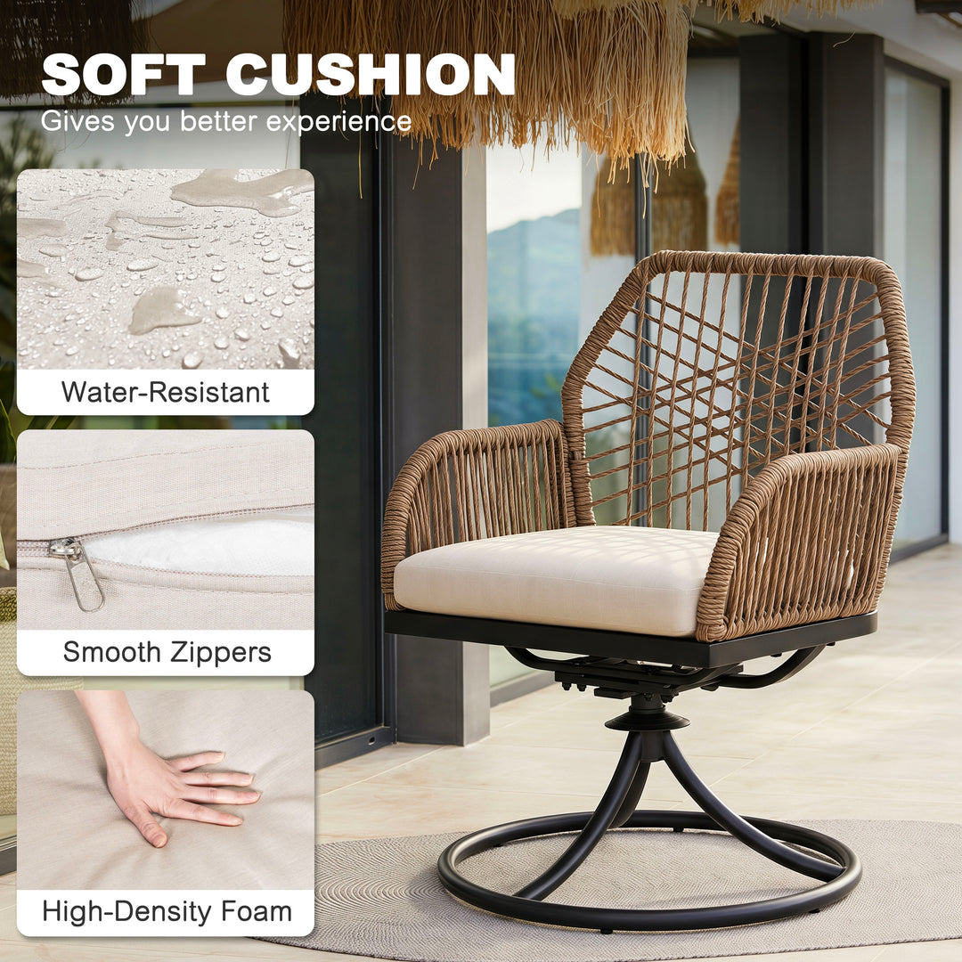 Outdoor 7PCS Dining Set, Twisted Rattan Swivel Chairs with Beige Cushions