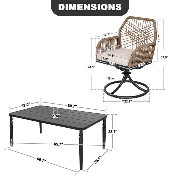 7-Piece Outdoor Dining Set, Twisted Rattan Swivel Chairs with Cushions