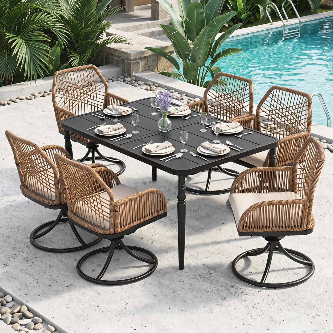 7-Piece Outdoor Dining Set, Twisted Rattan Swivel Chairs with Cushions