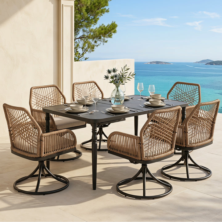 7-Piece Outdoor Dining Set, Twisted Rattan Swivel Chairs with Cushions