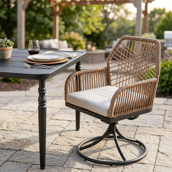 7-Piece Outdoor Dining Set, Twisted Rattan Swivel Chairs with Cushions