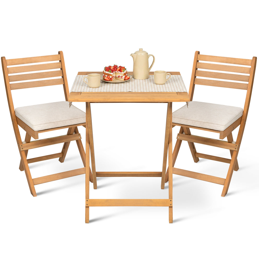 Acacia Wood 3PCS Patio Bistro Set with Removable Cushions, Foldable Design