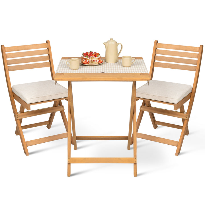 Acacia Wood 3PCS Patio Bistro Set with Removable Cushions, Foldable Design