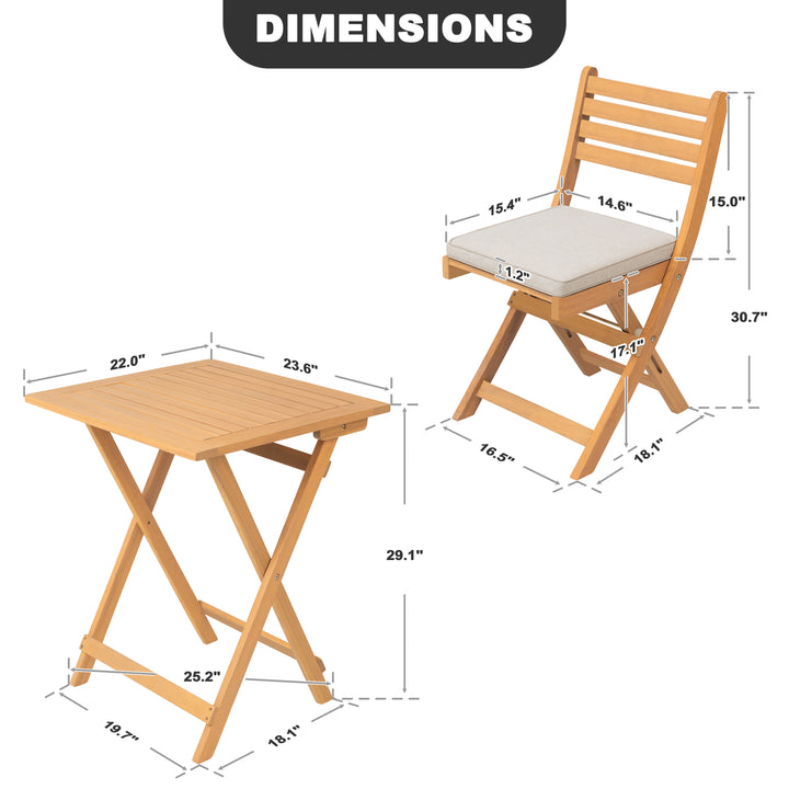 Acacia Wood 3PCS Patio Bistro Set with Removable Cushions, Foldable Design