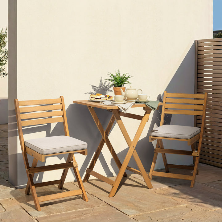 Acacia Wood 3PCS Patio Bistro Set with Removable Cushions, Foldable Design