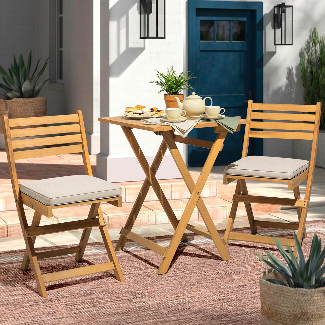 Acacia Wood 3PCS Patio Bistro Set with Removable Cushions, Foldable Design