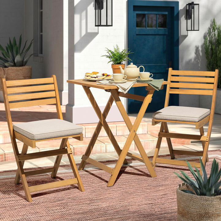 Acacia Wood 3PCS Patio Bistro Set with Removable Cushions, Foldable Design