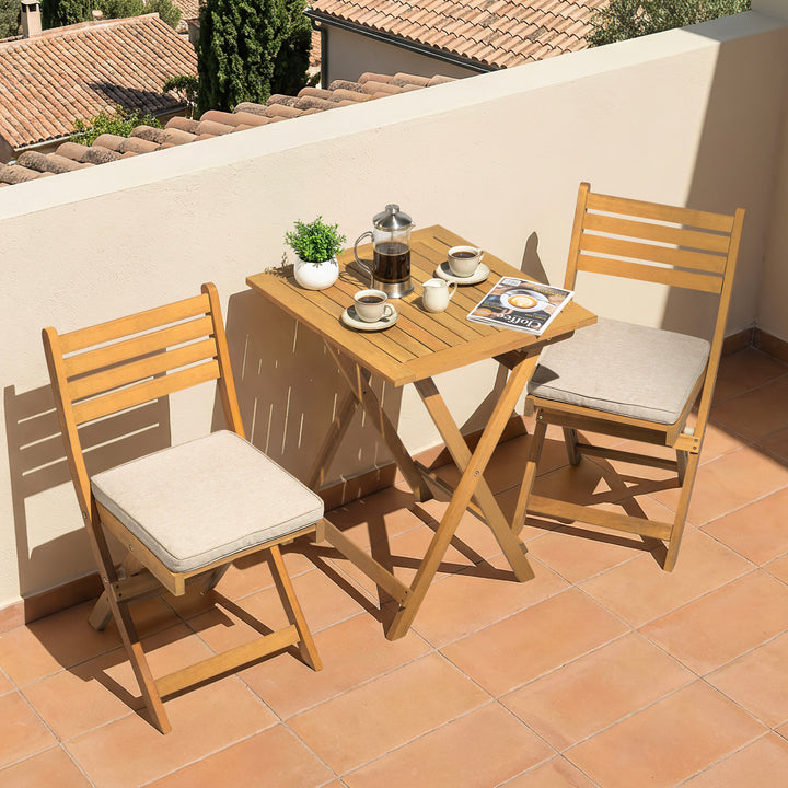 Acacia Wood 3PCS Patio Bistro Set with Removable Cushions, Foldable Design