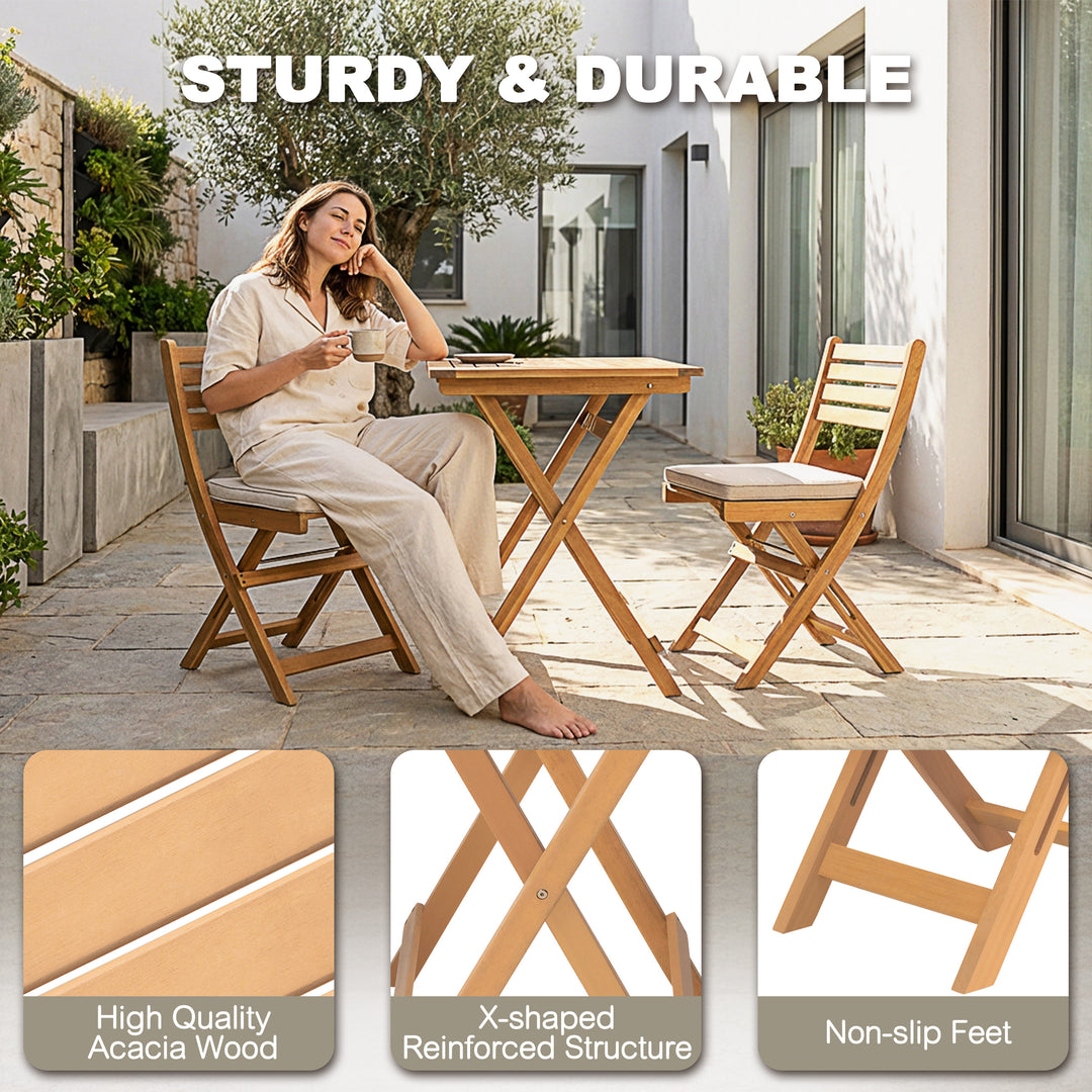 Acacia Wood 3PCS Patio Bistro Set with Removable Cushions, Foldable Design