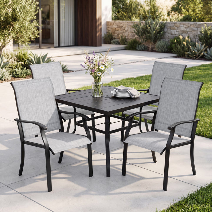 5-Piece Patio Textilene Dining Set with Umbrella Hole, Powder Coating