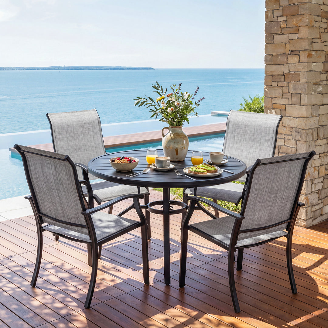 5-Piece Patio Textilene Dining Set with Umbrella Hole, Powder Coating