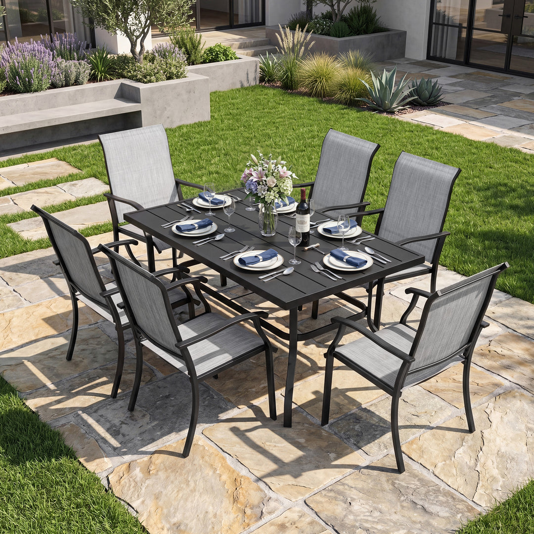 7-Piece Patio Textilene Dining Set with Umbrella Hole, Powder Coating