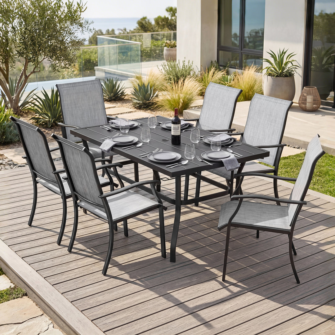 7-Piece Patio Textilene Dining Set with Umbrella Hole, Powder Coating