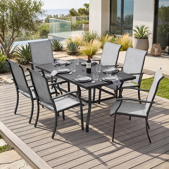 7-Piece Patio Textilene Dining Set with Umbrella Hole, Powder Coating