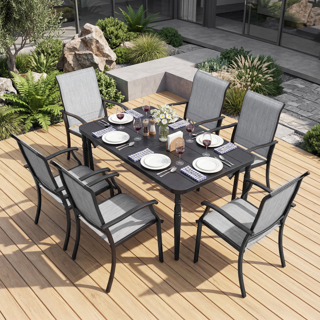 Patio 7-Piece Textilene Dining Chairs with Metal Table, Umbrella Hole