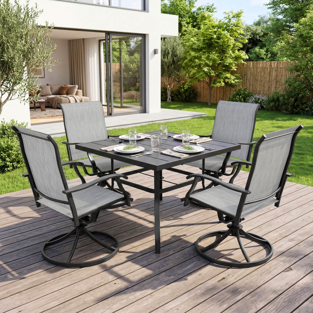 5-Piece Patio Dining Set with Umbrella Hole, Textilene Swivel Chairs
