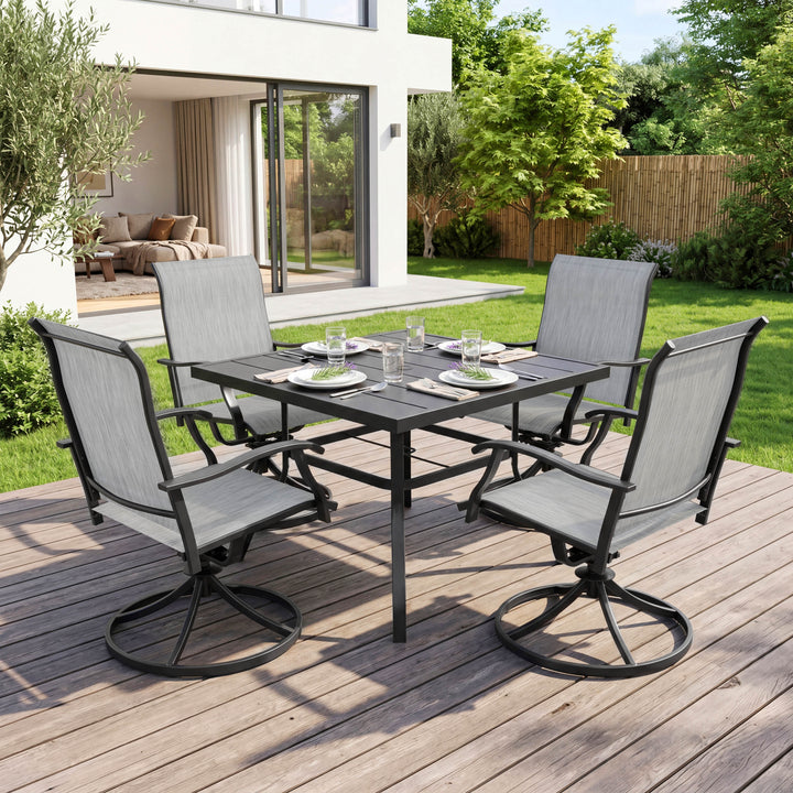 5-Piece Patio Dining Set with Umbrella Hole, Textilene Swivel Chairs
