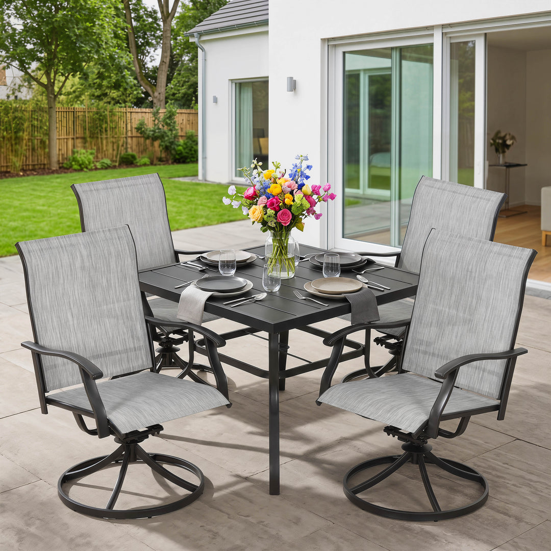 5-Piece Patio Dining Set with Umbrella Hole, Textilene Swivel Chairs