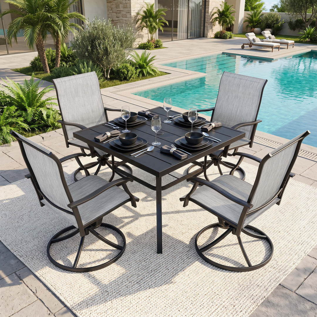 5-Piece Patio Dining Set with Umbrella Hole, Textilene Swivel Chairs