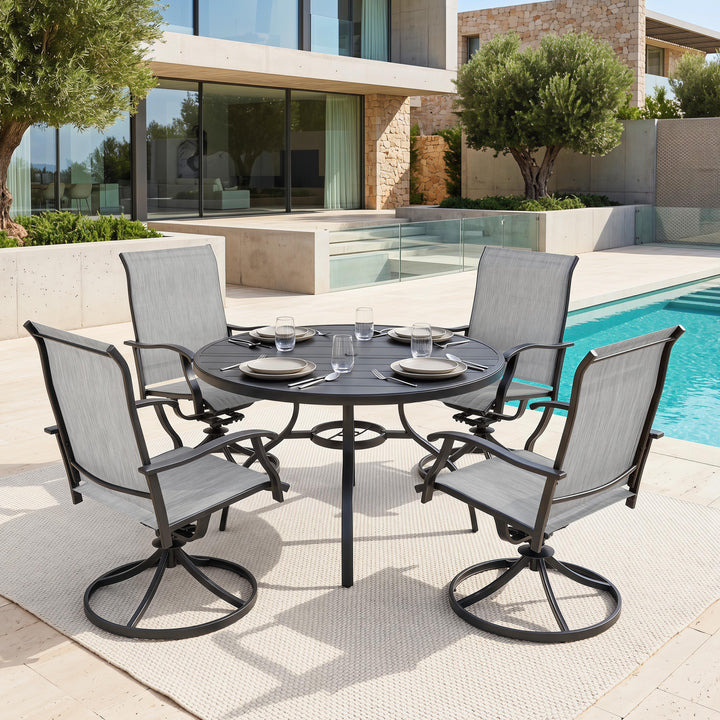 5-Piece Patio Dining Set with Umbrella Hole, Textilene Swivel Chairs