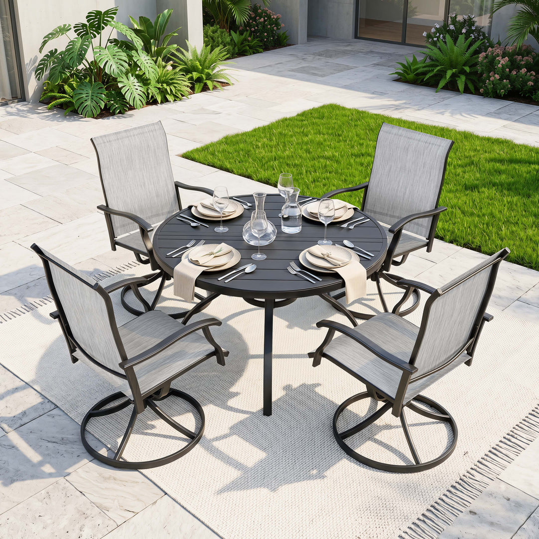 5-Piece Patio Dining Set with Umbrella Hole, Textilene Swivel Chairs
