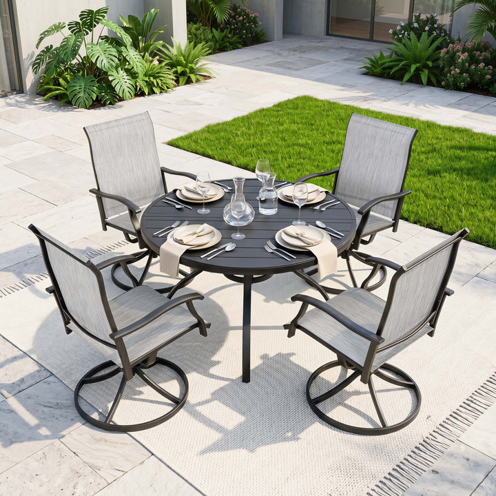 5-Piece Patio Dining Set with Umbrella Hole, Textilene Swivel Chairs