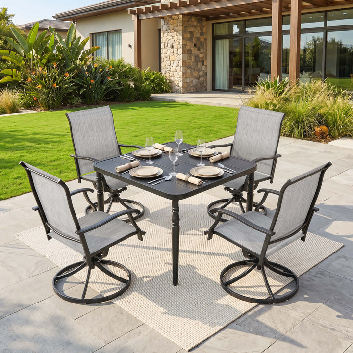 5-Piece Outdoor Dining Set with Umbrella Hole, Textilene Swivel Chairs