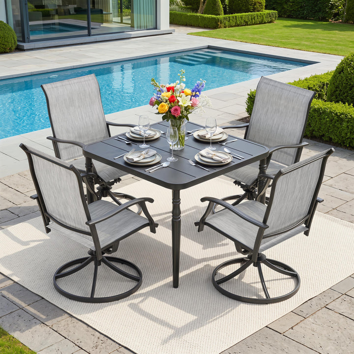 5-Piece Outdoor Dining Set with Umbrella Hole, Textilene Swivel Chairs