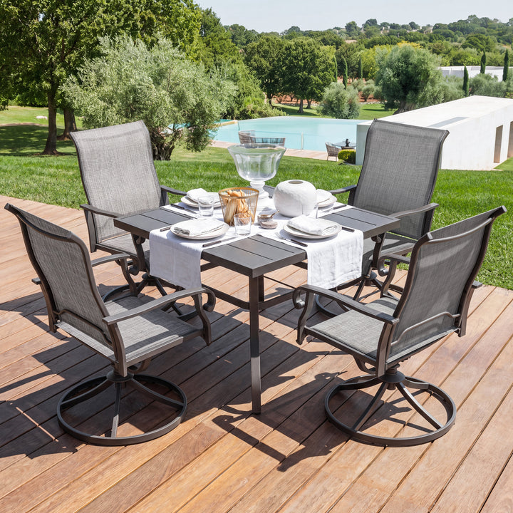 5-Piece Outdoor Dining Set with Umbrella Hole, Textilene Swivel Chairs