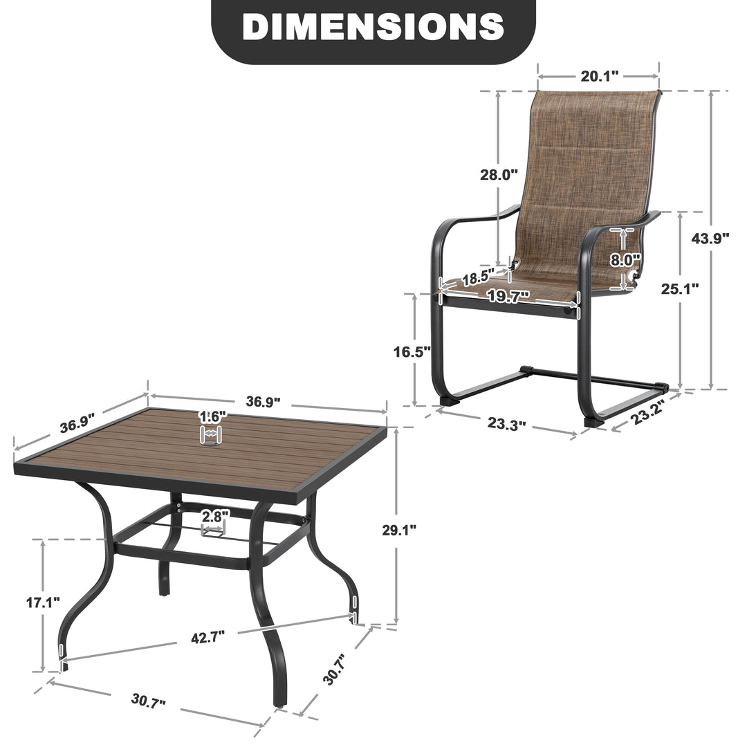 5PCS Patio Dining Set with Faux Wood Top, Padded Textilene C-Spring Chairs