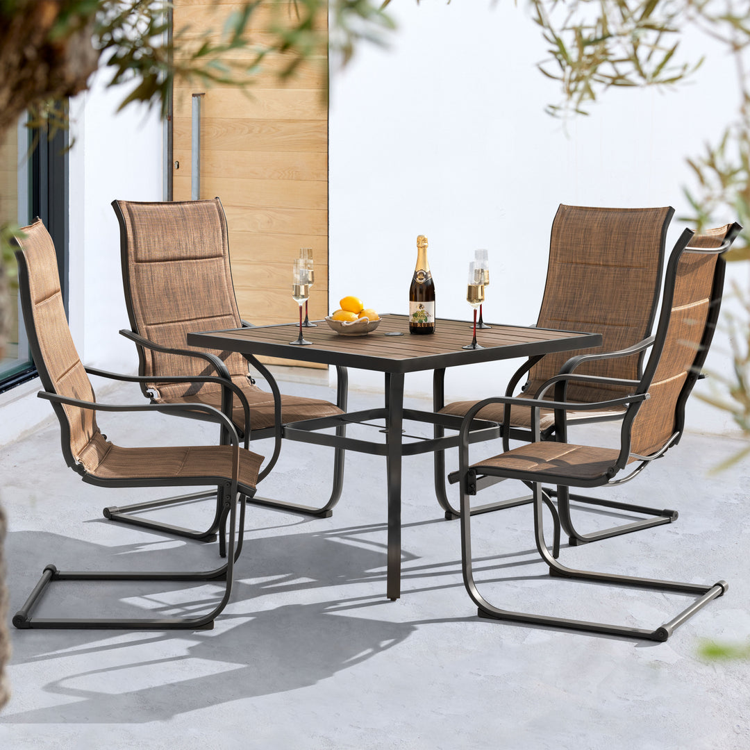 5PCS Patio Dining Set with Faux Wood Top, Padded Textilene C-Spring Chairs