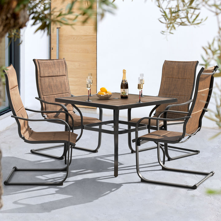5PCS Patio Dining Set with Faux Wood Top, Padded Textilene C-Spring Chairs