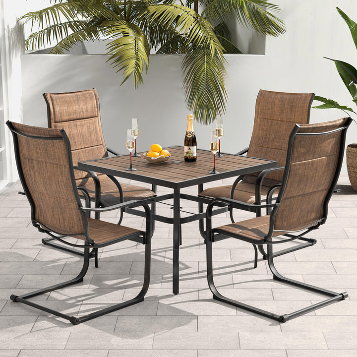 5PCS Patio Dining Set with Faux Wood Top, Padded Textilene C-Spring Chairs