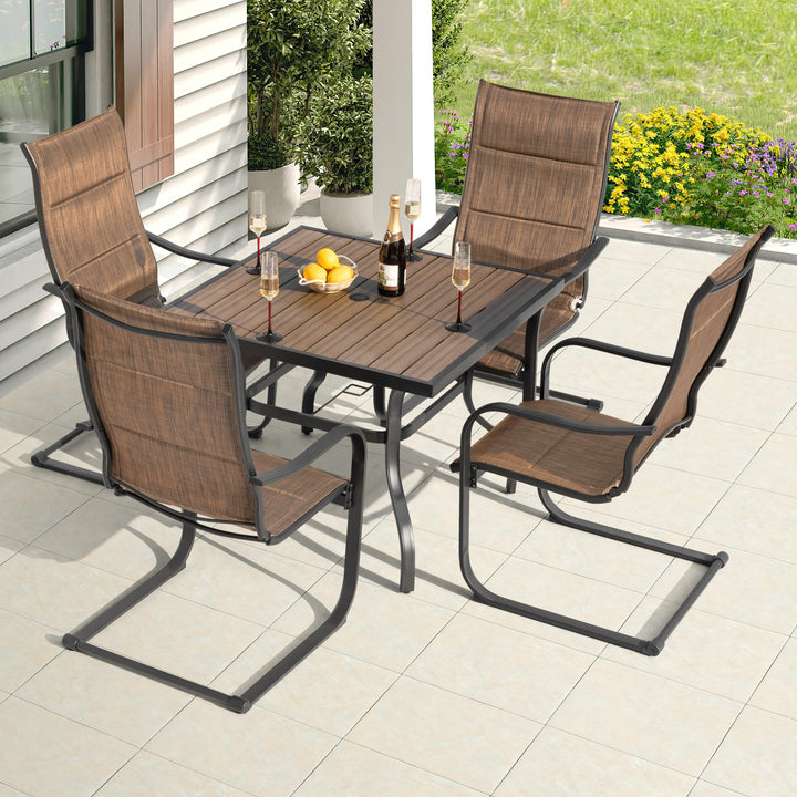 5PCS Patio Dining Set with Faux Wood Top, Padded Textilene C-Spring Chairs