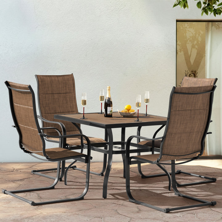5PCS Patio Dining Set with Faux Wood Top, Padded Textilene C-Spring Chairs