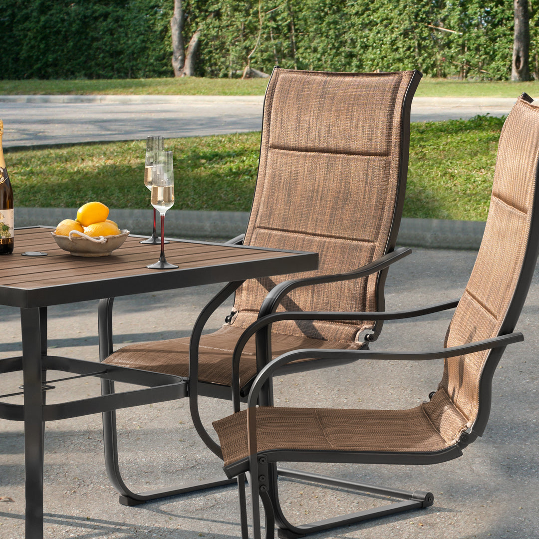 5PCS Patio Dining Set with Faux Wood Top, Padded Textilene C-Spring Chairs