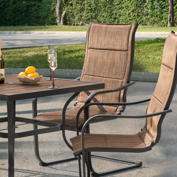 5PCS Patio Dining Set with Faux Wood Top, Padded Textilene C-Spring Chairs