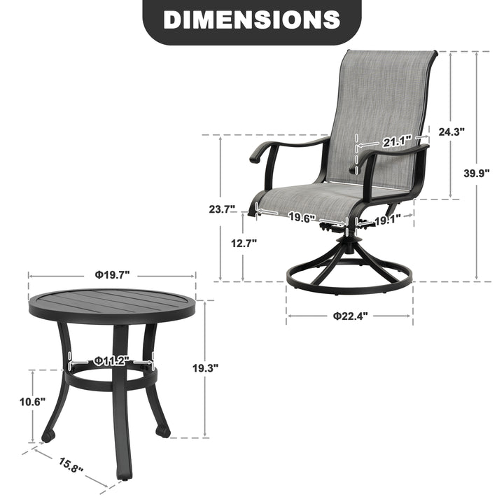 3PCS Patio Bistro Set with 2 Textilene Chairs, 1 Side Table, Powder Coating