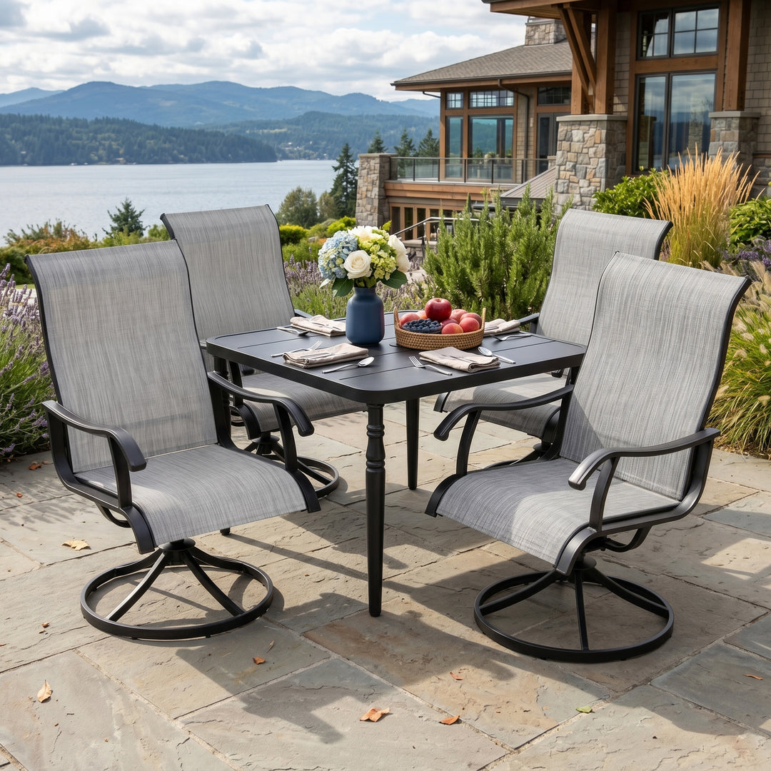 5-Piece Patio Dining Set with Umbrella Hole, Textilene Swivel Chairs