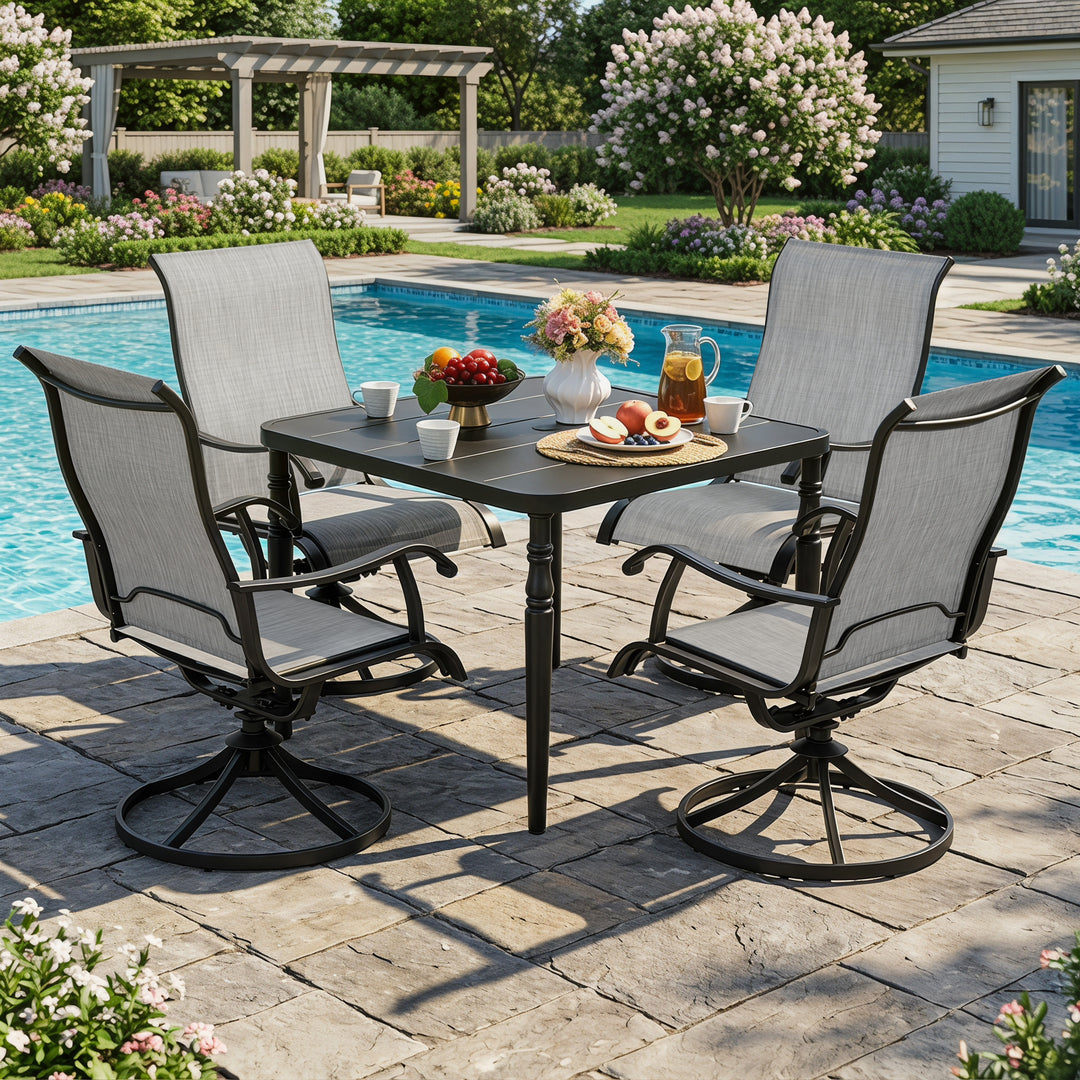 5-Piece Patio Dining Set with Umbrella Hole, Textilene Swivel Chairs