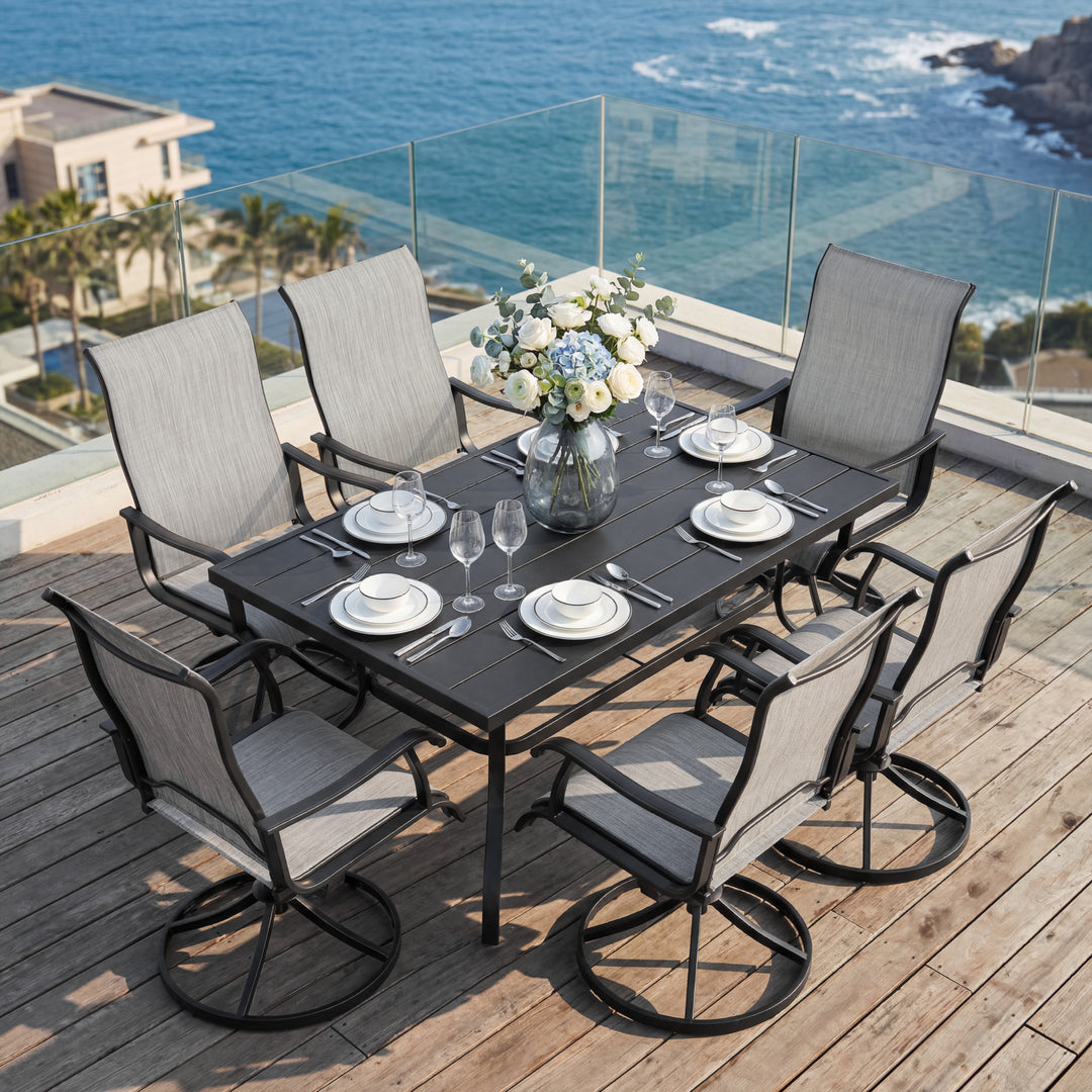 7-Piece Patio Dining Set with Umbrella Hole, Textilene Swivel Chairs