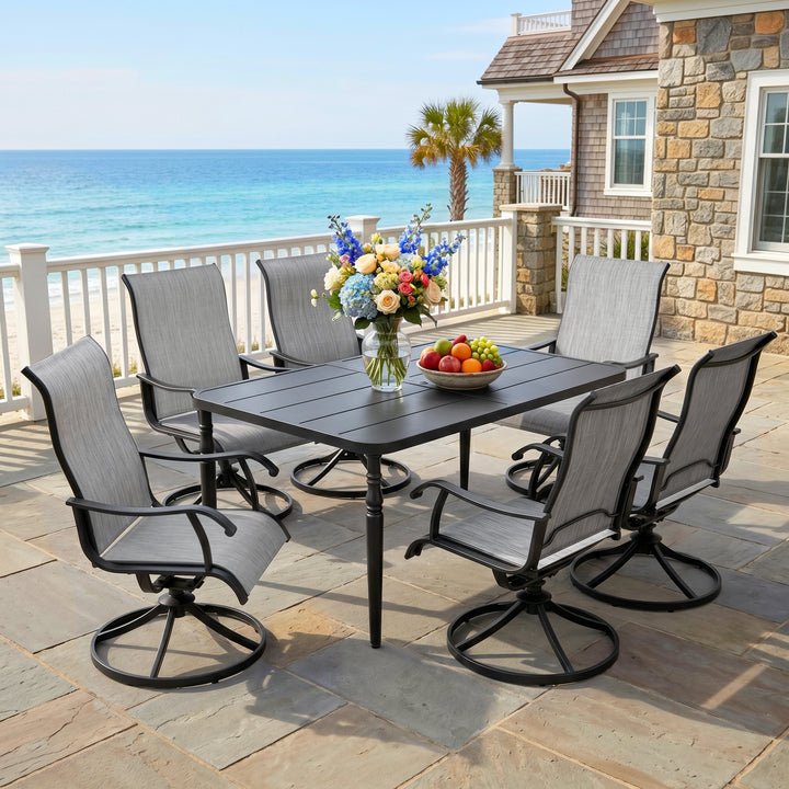 7-Piece Patio Dining Set with Umbrella Hole, Textilene Swivel Chairs