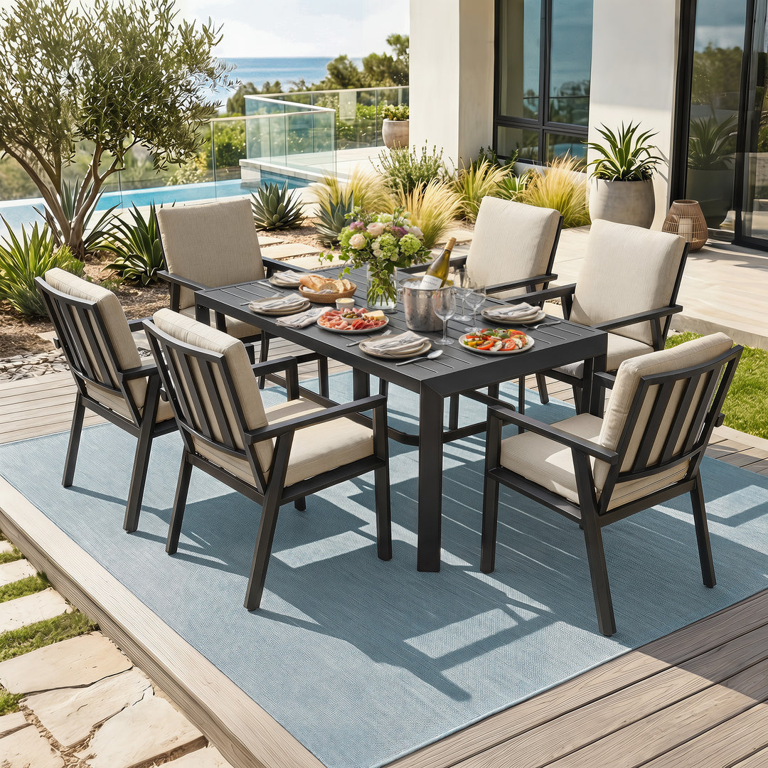 7-Piece Patio Aluminum Dining Set with Umbrella Hole, Soft Cushions