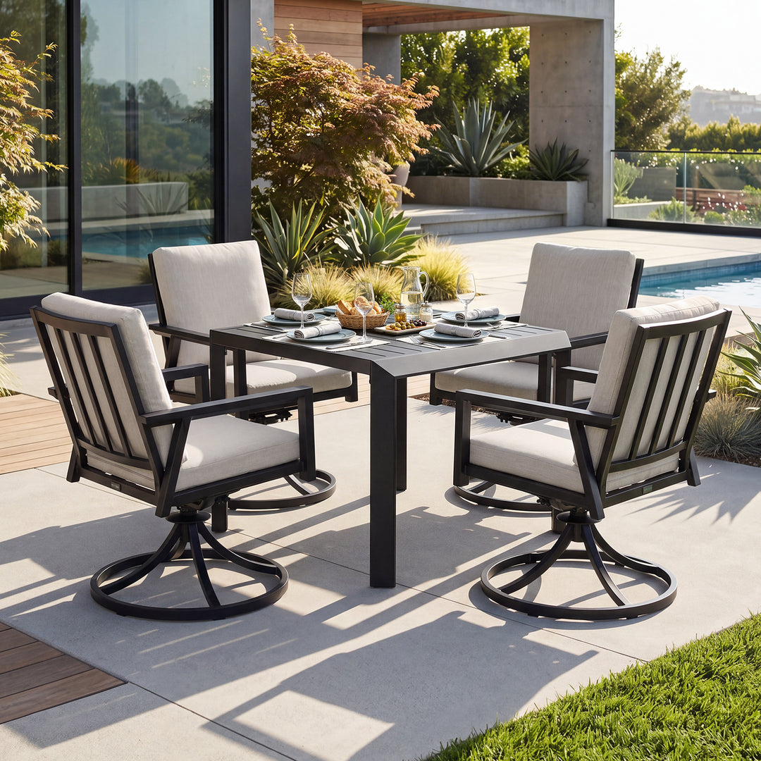 5-Piece Patio Aluminum Swivel Dining Set with Umbrella Hole, Soft Cushions