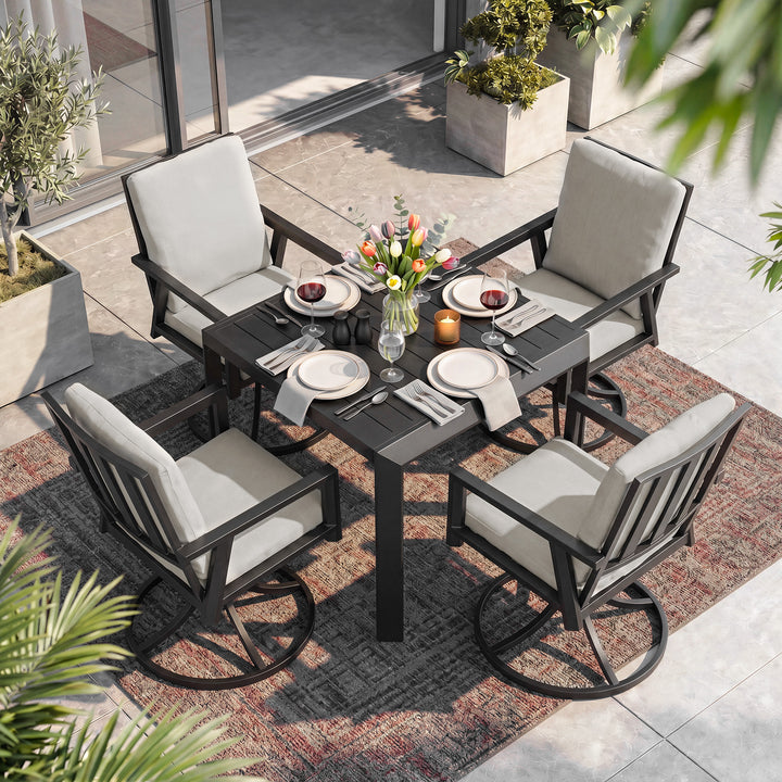 5-Piece Patio Aluminum Swivel Dining Set with Umbrella Hole, Soft Cushions