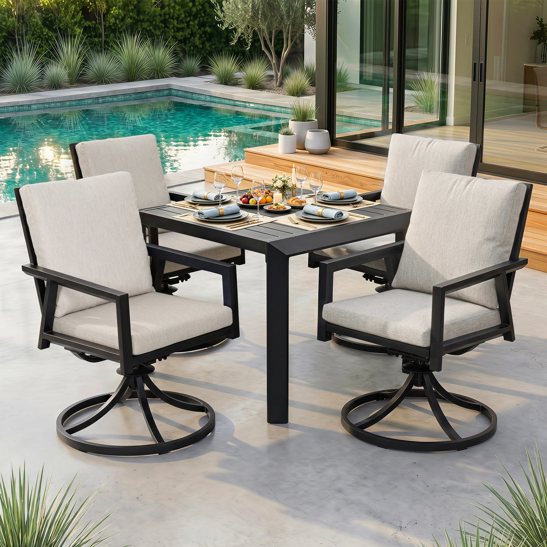 5-Piece Patio Aluminum Swivel Dining Set with Umbrella Hole, Soft Cushions