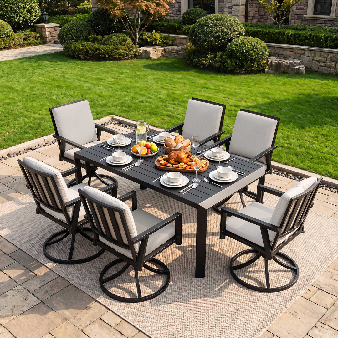 Outdoor 7-Piece Aluminum Dining Set with Cushions, Swivel Chairs