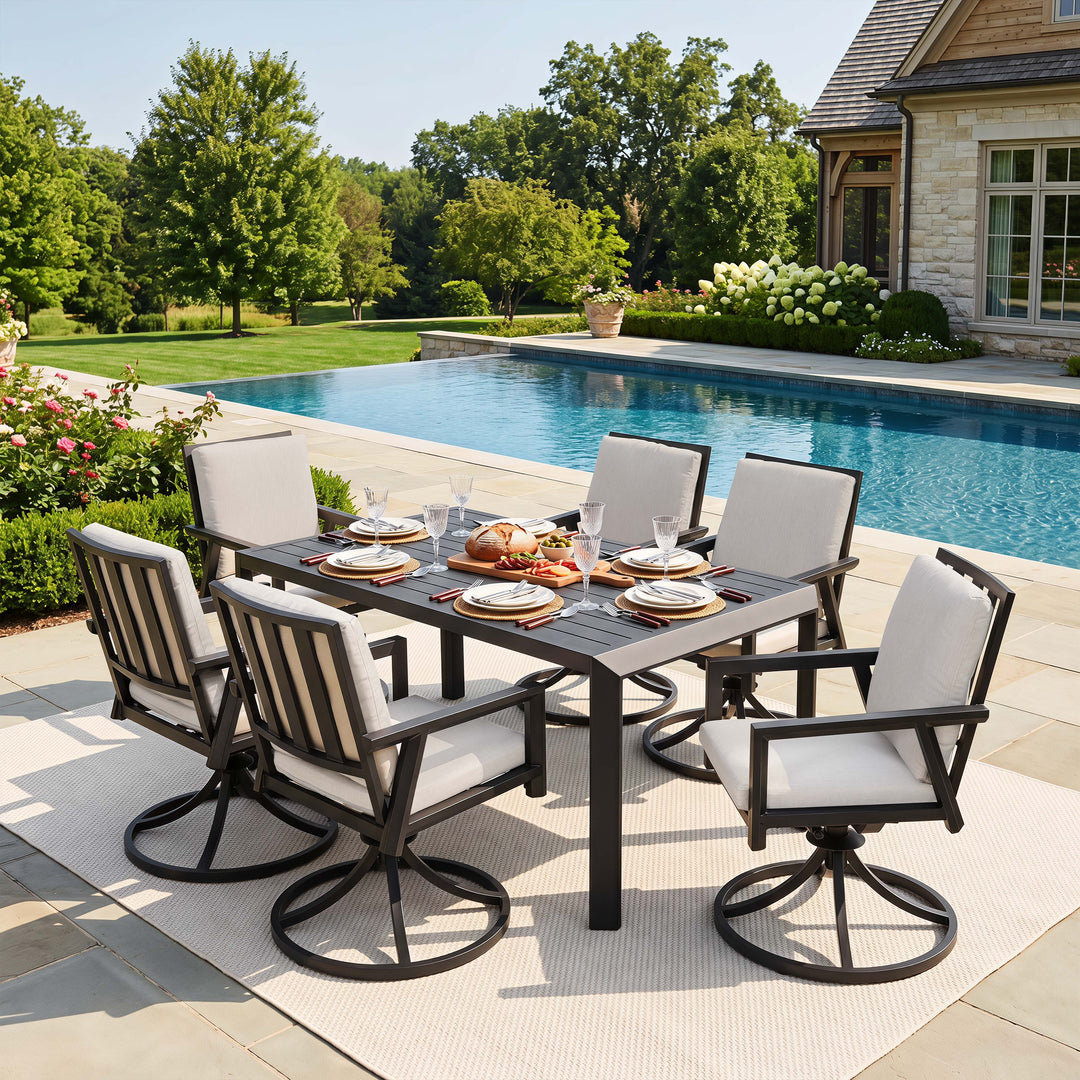 Outdoor 7-Piece Aluminum Dining Set with Cushions, Swivel Chairs