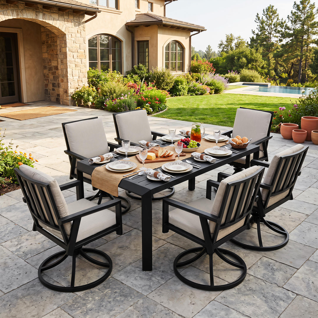 Outdoor 7-Piece Aluminum Dining Set with Cushions, Swivel Chairs